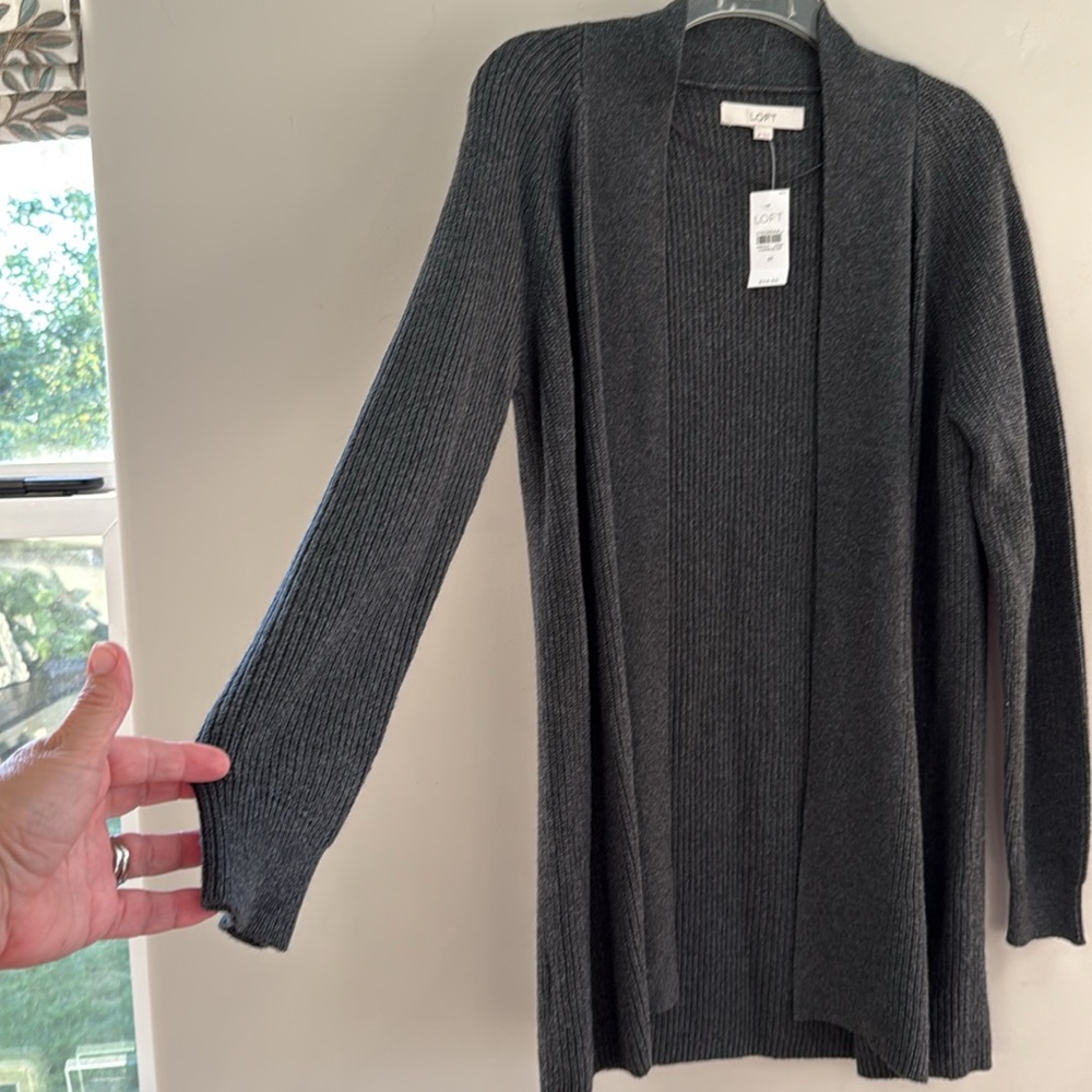 NWT LOFT Open Front Dk. Charcoal Ribbed Cardigan - Size M - Picture 2 of 6